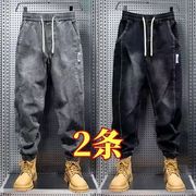复古水洗拼接牛仔裤男宽松大码春季休闲小脚哈伦束脚长裤春秋新款