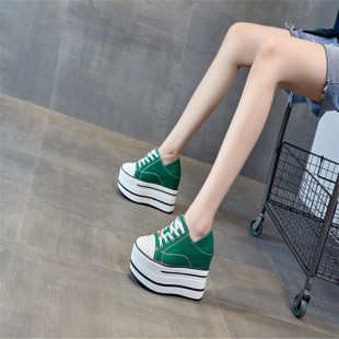 欧洲站松糕鞋女超高跟12cm帆布鞋，绿色时尚个性两穿内增高显瘦女鞋