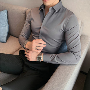 高级感黑色长袖衬衫，男弹力内搭寸衫韩版修身商务，灰色加绒打底衬衣