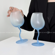 趣皿 ins风磨砂渐变蓝啤梨形折弯高脚玻璃杯香槟杯葡萄酒杯红酒杯