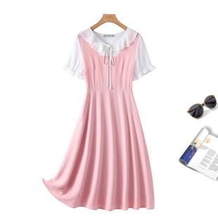 微胖女装粉色大码雪纺连衣裙2024夏洋气(夏洋气)撞色可盐可甜减龄裙子