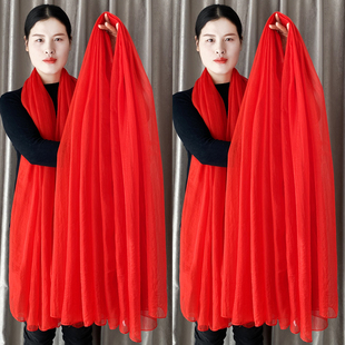 中国红女士丝巾，2米超大红色围巾跳舞纱巾，长款夏季防晒沙滩巾披肩