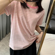 韩国撞色粉色条纹短袖T恤女春夏2024文艺女彩棉宽松圆领上衣