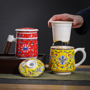 景德镇青花瓷茶具个人水杯子，过滤茶杯带盖办公复古泡茶杯定制logo