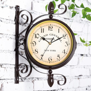 欧式铁艺双面挂钟创意美式田园，挂表现代简约客厅个表装饰复古时钟