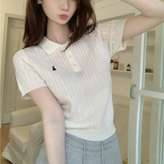 韩系麻花小衫女夏季冰丝透气针织短袖polo领T恤设计感刺绣上衣ins