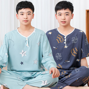青少年棉绸睡衣男童夏季薄款长袖初中生家居服，学生大童人造棉套装
