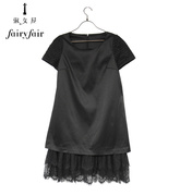 fairyfair黑色布拉格优雅镂空绣花蕾丝下摆，拼接短袖连衣裙新