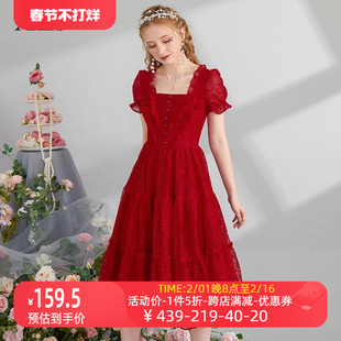 艾丽丝2024新年夏季中长款连衣裙，女红色短袖网纱蕾丝公主裙子