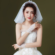 韩式简约婚纱礼服手套新娘短款蕾丝绑带白色演出亮片红色手套夏季