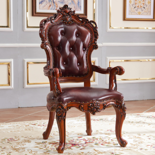 欧式餐椅美式复古橡胶木，久坐舒适椅子实木，真皮高背洽谈椅扶手椅子