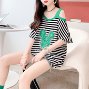 条纹露肩一字领短袖T恤女夏季韩版宽松大码中长款设计感上衣