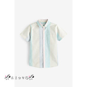 next英国男童装，24春夏男宝粉蓝绿色，竖条纹纯棉短袖衬衣衬衫
