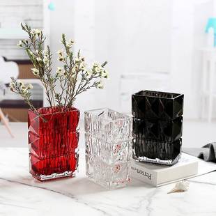 卢索系列立体钻石切割矩形红灰色透明花瓶插花器手工玻璃版平替款