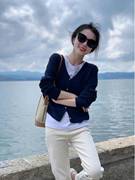 秋季宽松蓝色v领针织开衫女薄款上衣慵懒风外穿短款毛衣外套春秋