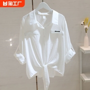 白色条纹宽松衬衫女长袖2023春夏法式设计感小众系带上衣春天