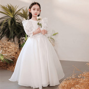 儿童周岁生日礼服主持秋季白色花童婚礼公主裙，小女孩钢琴唱歌演出