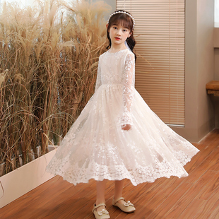 女童连衣裙春秋季洋气蕾丝公主裙，中大童韩系，童装初秋长袖白色长裙