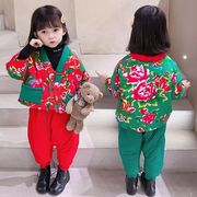 儿童唐装中国风东北大花男女童拜年服汉服冬季宝宝过新年棉袄套装