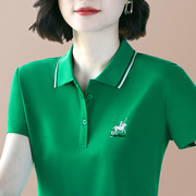 短袖t恤女夏季翻领中年妈妈，有领上衣，速干运动polo衫绿色冰丝夏装