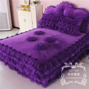珊瑚绒四件套冬季韩版加厚短毛法兰绒紫被套公主蕾丝床上1.8m床裙