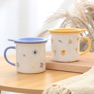 日式陶瓷马克杯带盖勺家用牛奶杯早餐杯情侣杯子可爱杯田园风