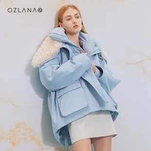 OZLANA羽绒服女大翻领可拆卸毛领时尚面包服2023年秋冬外套