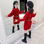 女童毛衣裙秋冬装2021加厚冬季洋气中长款红色连衣裙子打底衫