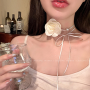 浪漫白玫瑰~法式超仙系带项链珍珠绑带choker长款颈链锁骨链配饰