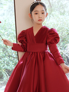 定制公主裙女童高端红色长袖礼服生日花童婚礼儿童主持钢琴演奏演