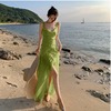 绿色裙子高级感法式V领荷叶边气质绝美洋装超仙开叉吊带裙夏季