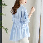 蓝色塔克褶衬衫女七分袖春装设计感别致上衣宽松显瘦纯棉衬衣