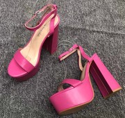 一字带粗跟凉鞋粉红色，超高跟14cm夜场性感欧美风，防水台简约时尚
