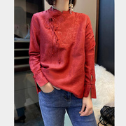 新中式盘扣真丝红色衬衫女秋装2023洋气时尚中国风高级感上衣