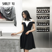 SHIRLEY YU2024黑白拼接欧美露肩连衣裙聚会派对小个子礼服裙