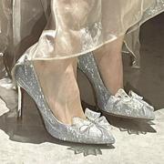 2024法式香槟色银色水晶鞋，水钻蝴蝶结尖头高跟鞋，女细跟单鞋女