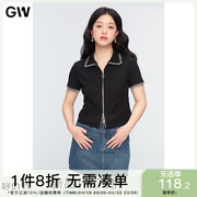 GW大码女装手工缝线双拉链设计黑色显瘦针织衫2024夏季现款微胖mm