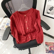 韩版复古酒红色显瘦流苏针织开衫外套女早秋洋气圆领长袖上衣