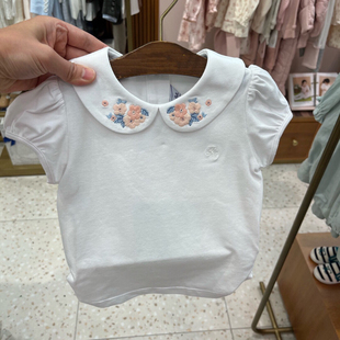 韩国童装24夏女童(夏女童)宝宝，精美刺绣娃娃领百搭洋气上衣短袖t恤