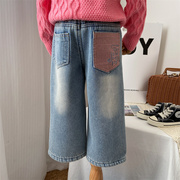 女童牛仔裤冬款小童洋气时髦加绒加厚一体绒，保暖浅蓝色直筒裤