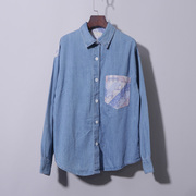 浅蓝拼接牛仔衬衫胸前单口袋(单口袋，)水洗设计感小众宽松百搭叠穿衬衣垂感