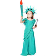 雅典娜自由女神演出服古希腊女童，礼服青绿色古罗马长袍万圣节服装