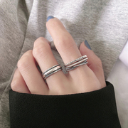 日韩s925纯银时尚个性女戒指多层字母，戒指ins潮复古条纹戒指银饰