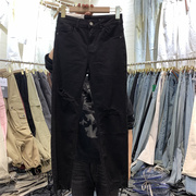 AOAO5278黑色显瘦破洞小脚牛仔裤女夏季薄款小个子高腰弹力九分裤