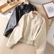 米色黑色翻领，宽松休闲夹克皮衣，短外套韩国风格2023