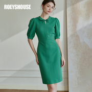罗衣气质镂空娃娃领连衣裙，女2023夏装绿色，泡泡袖中长裙08121