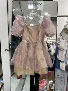 法式紫色连衣裙女夏季高级感气质仙女蓬蓬纱裙，收腰显瘦小个子短裙