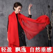 纯色仿真丝巾长款大红色雪纺围巾，女学生韩版百搭披肩冬季保暖纱巾