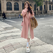 粉色双面羊绒大衣女2023秋冬季韩版宽松中长款赫本风毛呢外套