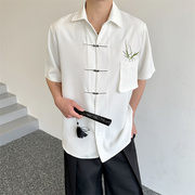 夏季中国风新中式翠竹刺绣，短袖衬衫男小众金属，飞机扣设计感衬衣潮